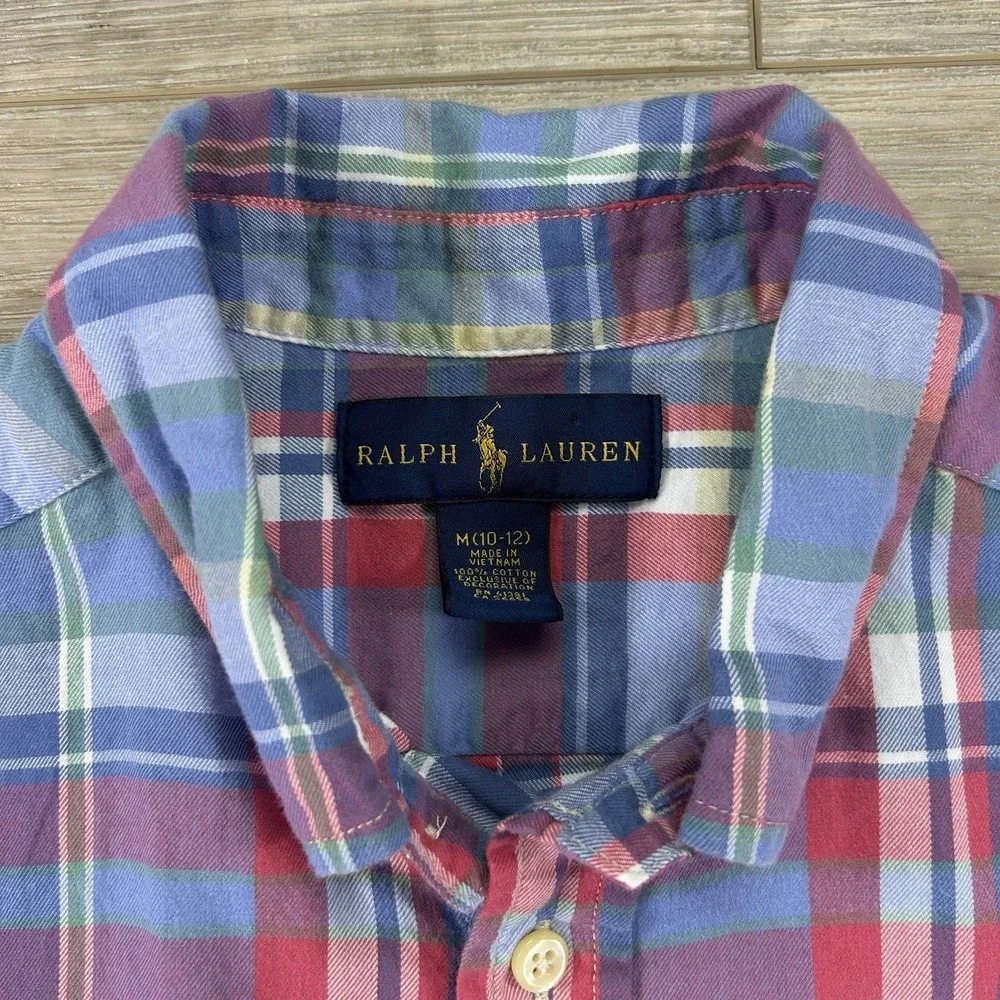 Ralph Lauren Medium (10-12) Pastel Plaid Long Sleeve Button Down 100% Cotton‎
